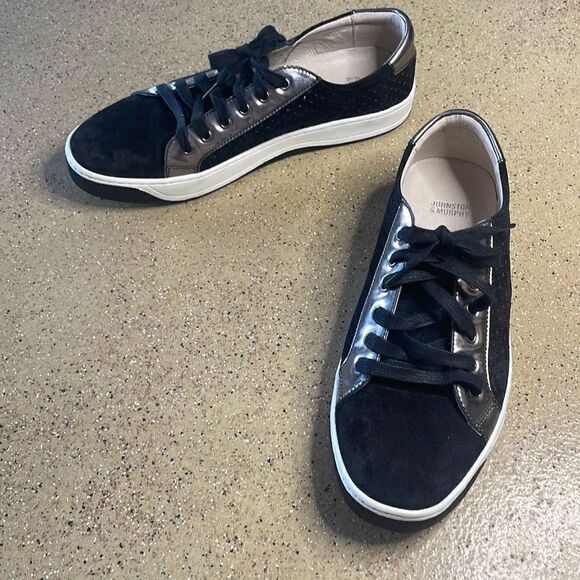 Johnston & Murphy Emerson Perforated Lace Up Black Suede & Metallic Trim Sneaker - Picture 2 of 12